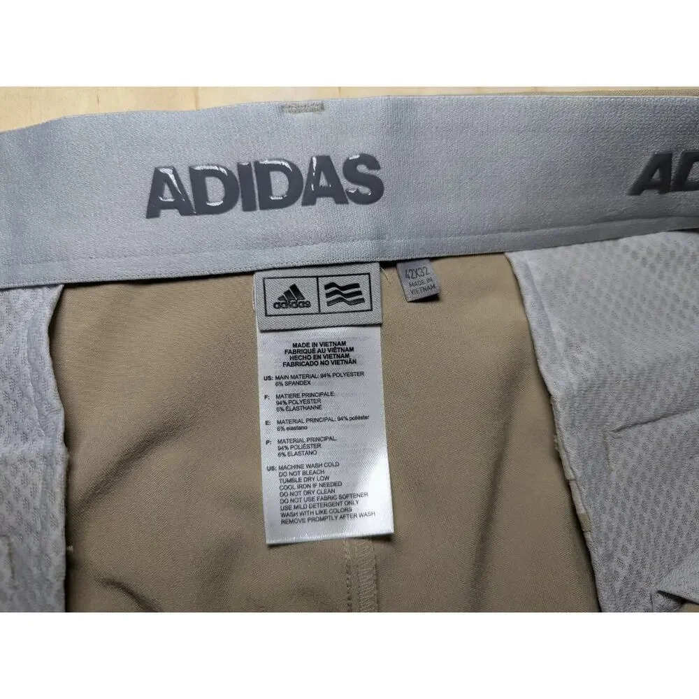 Adidas Men's Size 42x32 Three Stripe Khaki Tan Lightweight Golf Pants Stretch